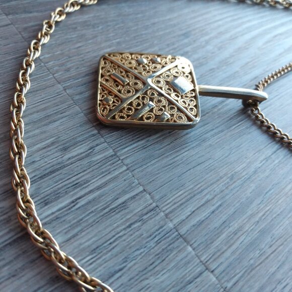 Vintage Openwork Square Pendant Necklace Double Chain Retro Jewelry - Picture 4 of 10